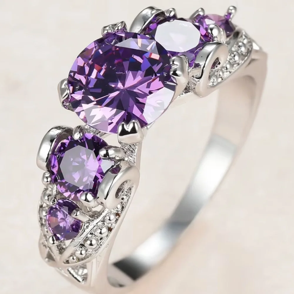 Elegant Purple Amethyst CZ Moissanite Silver Engagement Band Ring - Size 7 or 8